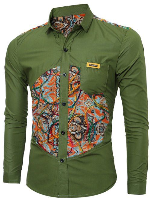 

Long Sleeve Colorful Floral Spliced Pocket Shirt, Green