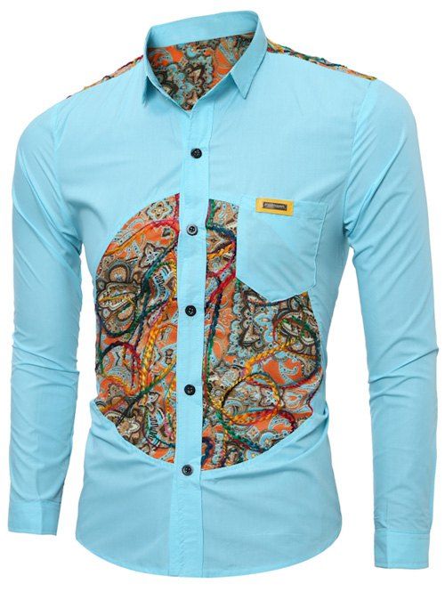 

Long Sleeve Colorful Floral Spliced Pocket Shirt, Lake blue