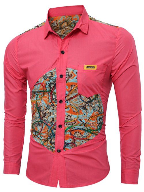 

Long Sleeve Colorful Floral Spliced Pocket Shirt, Red