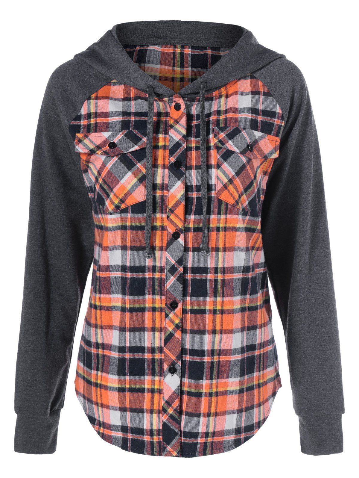 

Button Up Flap Pockets Plaid Hoodie, Checked