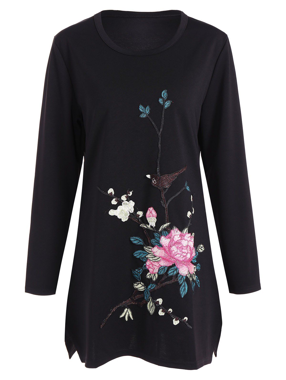 

Flower Embroidery Long Sleeve Dress, Black