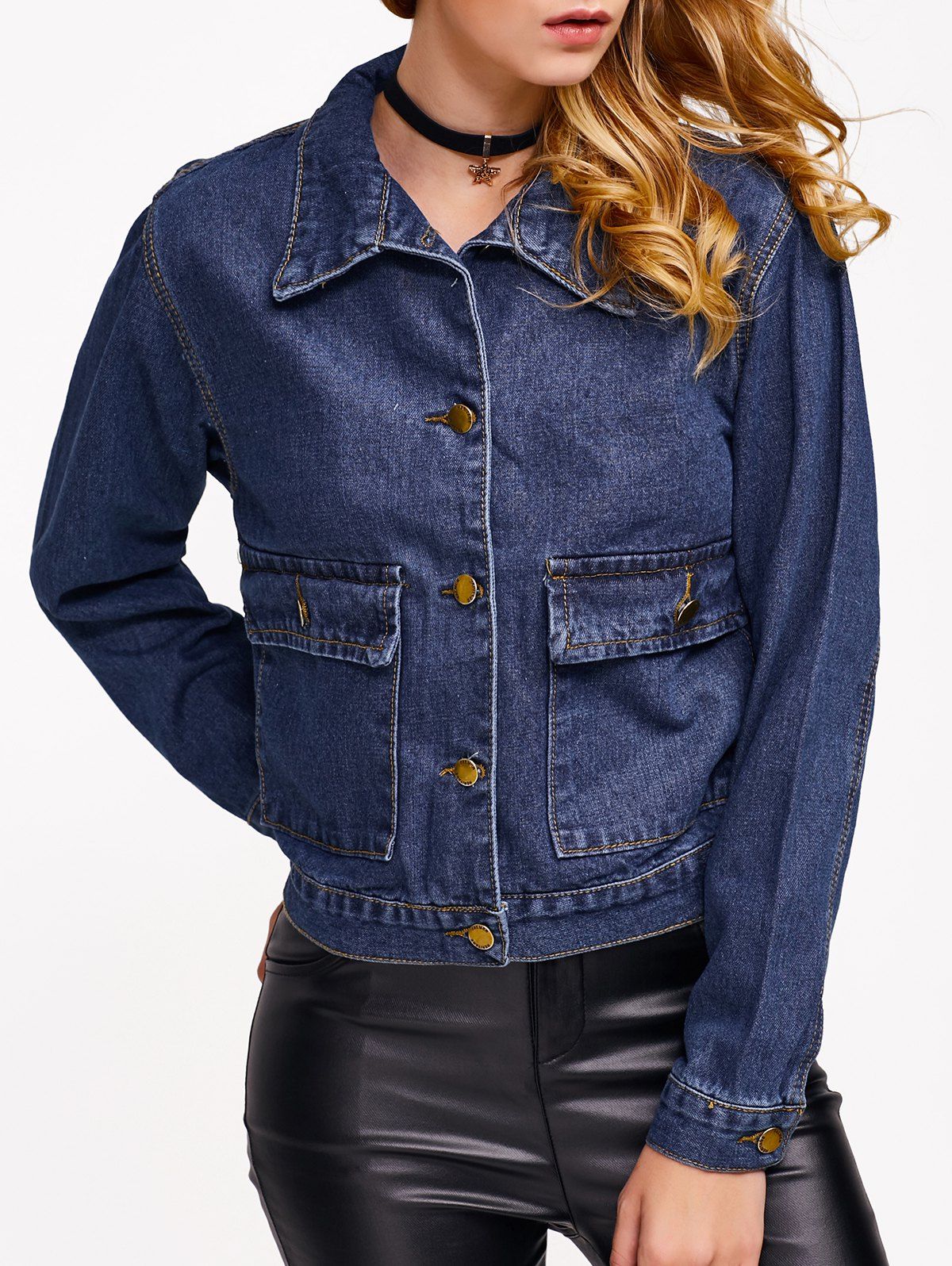 

Pocket Design Bleach Washed Denim Jacket, Deep blue