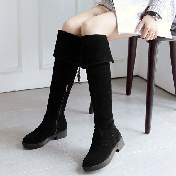 

Flat Heel Tie Up Zipper Thigh Boots, Black