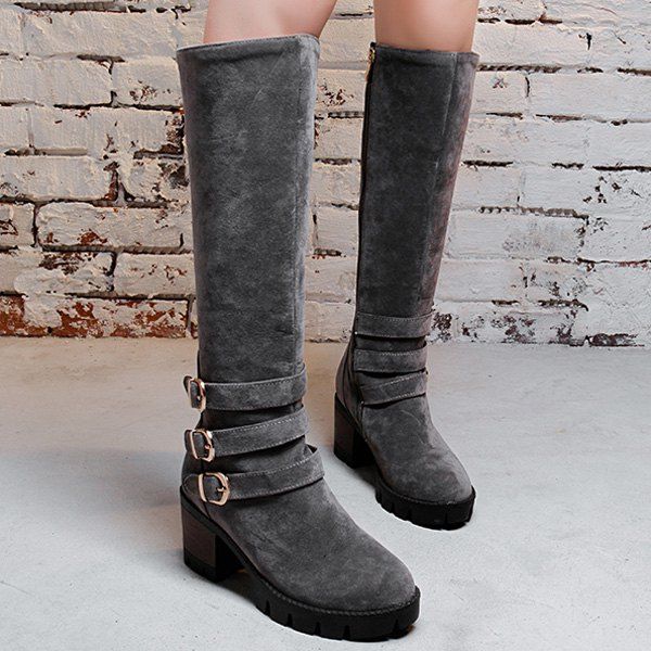 

Buckle Straps Chunky Heel Boots, Gray