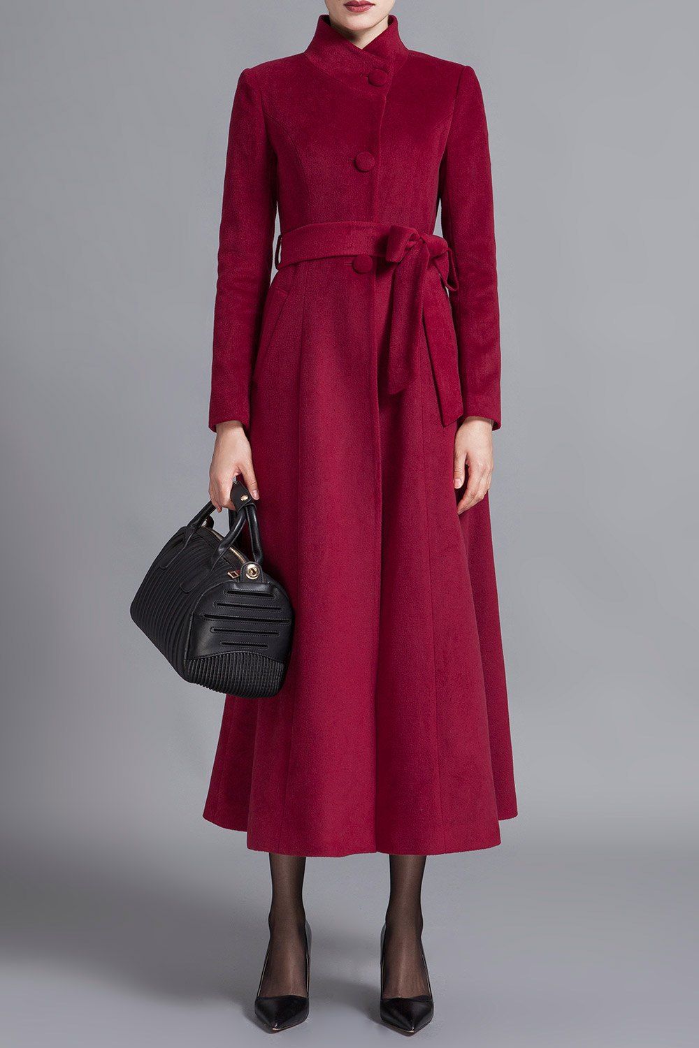 

Belted Wool Blend Maxi Coat, Red