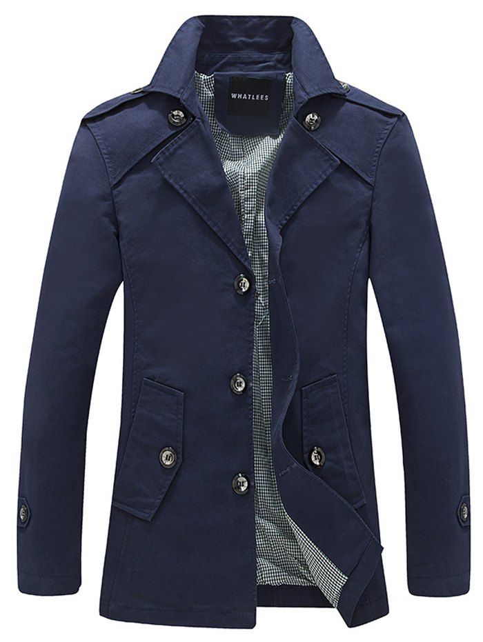 

Turndown Collar Single Breasted Epaulet Embellished Wind Coat, Cadetblue