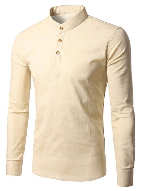 [41% OFF] 2021 Stand Collar Long Sleeve Half Button T-Shirt In BEIGE ...