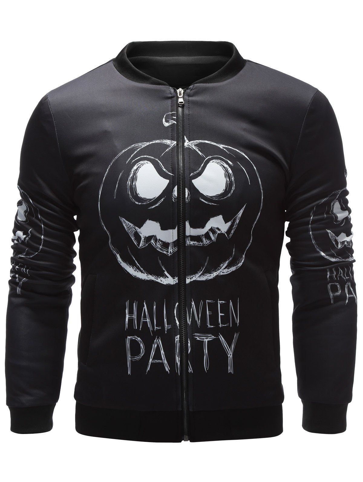 

3D Halloween Pumpkin Lamp Print Plus Size Zip Up Jacket, Black