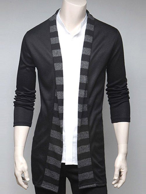 

Turndown Collar Stripe Design Cardigan, Black