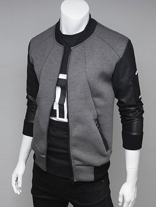 

Stand Collar PU Leather Spliced Zip Up Jacket, Gray