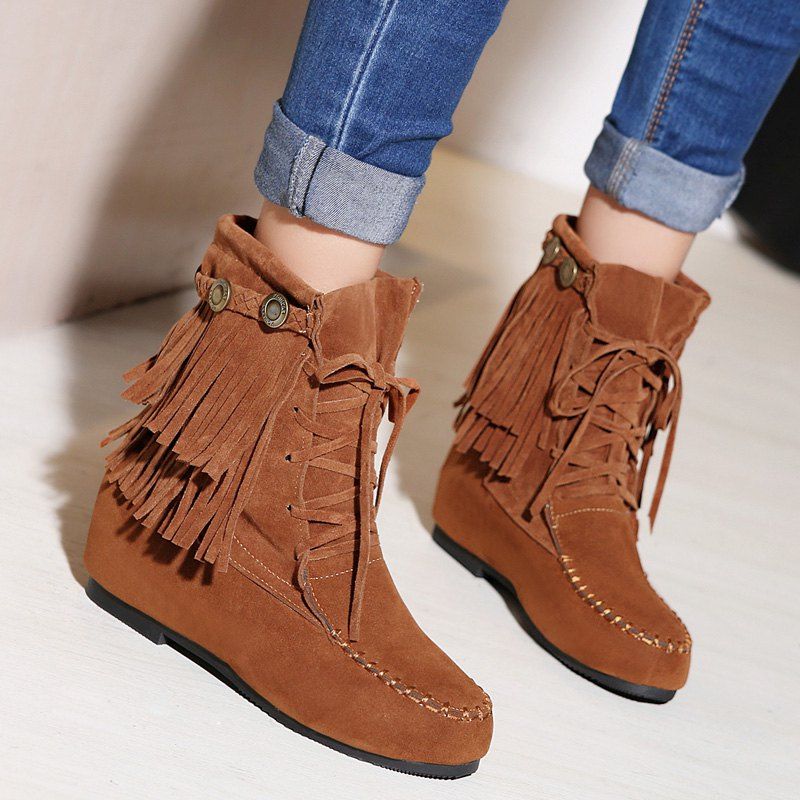 

Hidden Wedge Stitching Weaving Ankle Boots, Brown