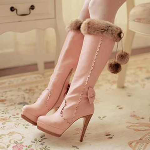 

High Heel Pompon Scalloped Mid Calf Boots, Pink