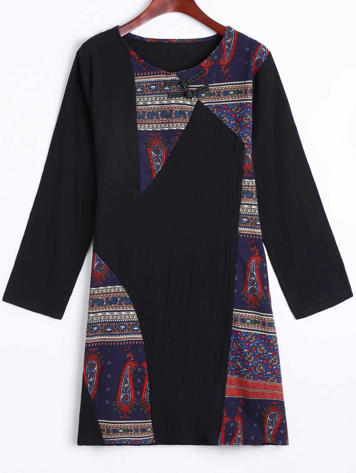 

Chinese Button Patch Print Dress, Black