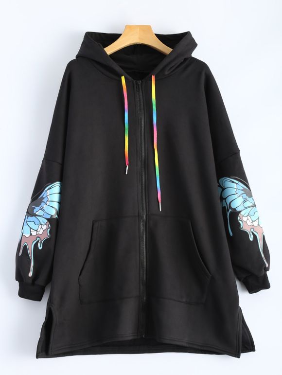 Manteau à capuche zippé avec poches imprimé papillons - Noir 2XL