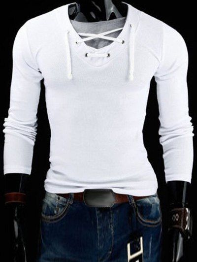 T-shirt en Polyester Faux Deux Pièces à Col en V à Manches Longues pour Homme - Blanc M