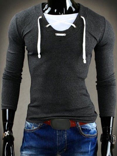 

Slimming V-Neck Stylish Drawstring Faux Twinset Long Sleeve Polyester Men's T-Shirt, Deep gray