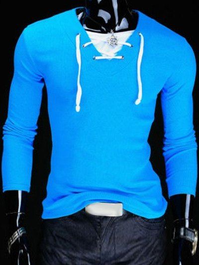 

Slimming V-Neck Stylish Drawstring Faux Twinset Long Sleeve Polyester Men's T-Shirt, Lake blue