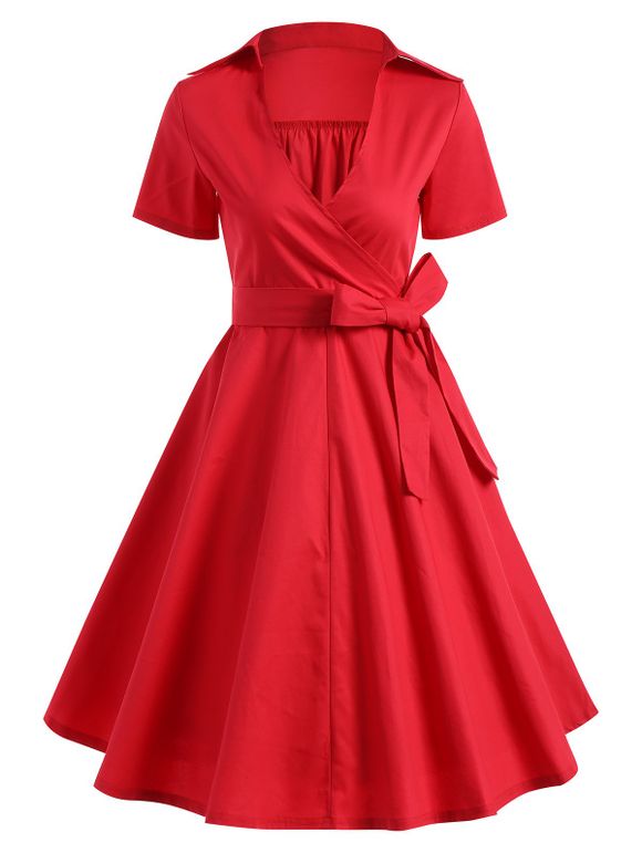 Robe rétro ,style d'Hepburn ,ceinture de noeud fantaisie - Rouge S
