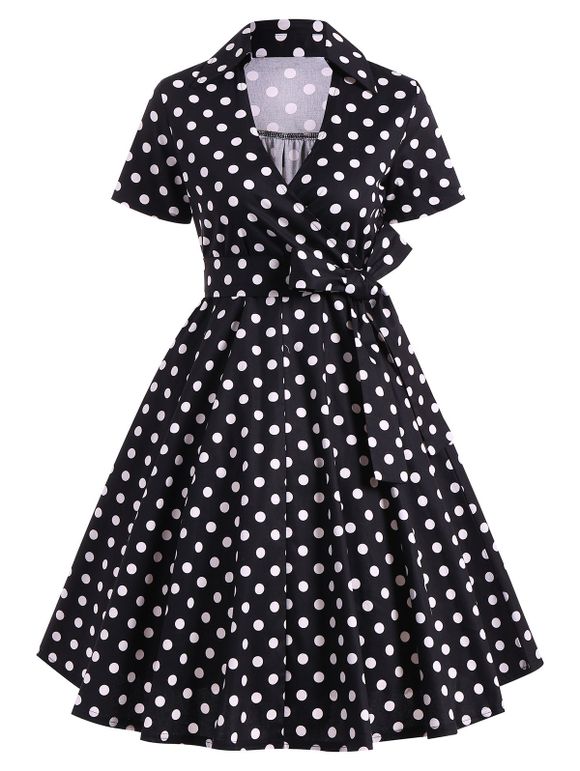 Robe rétro en polka dot ,style d'Hepburn ,ceinture de noeud fantaisie - Noir L