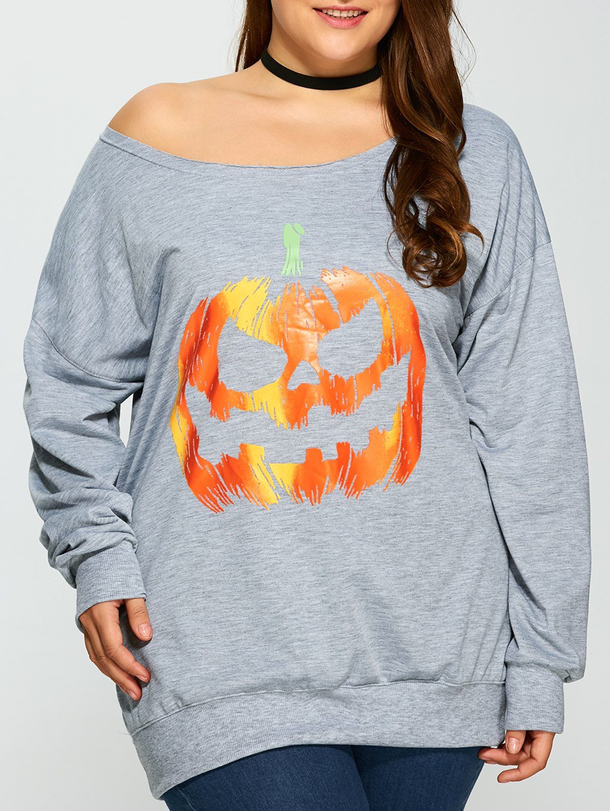 

Pullover Skew Neck Pumpkin Print Sweatshirt, Gray