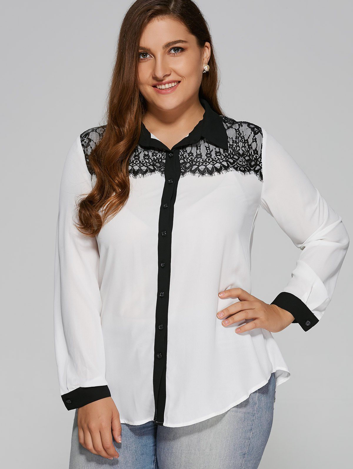 

Plus Size Lace Patchwork Contrast Trim Shirt, White and black