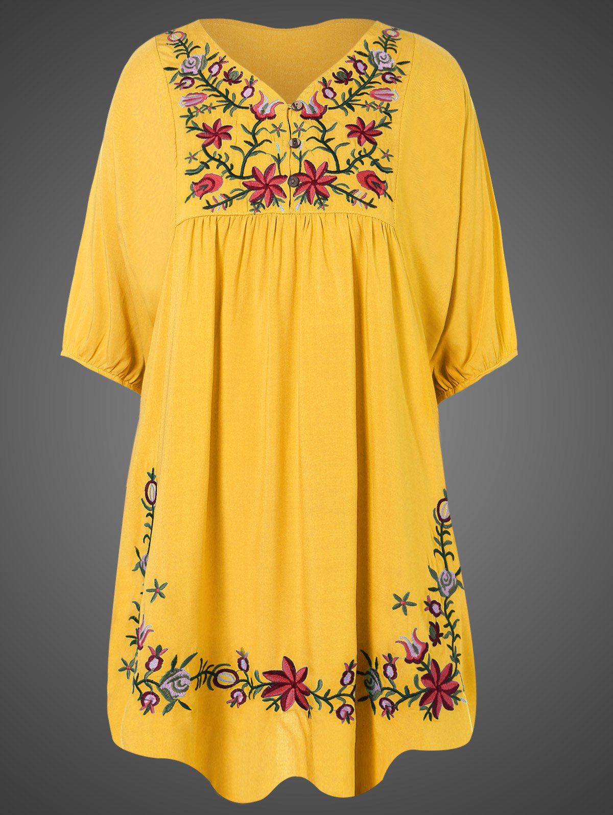 

Plus Size Embroidered Bib Tunic Dress, Yellow