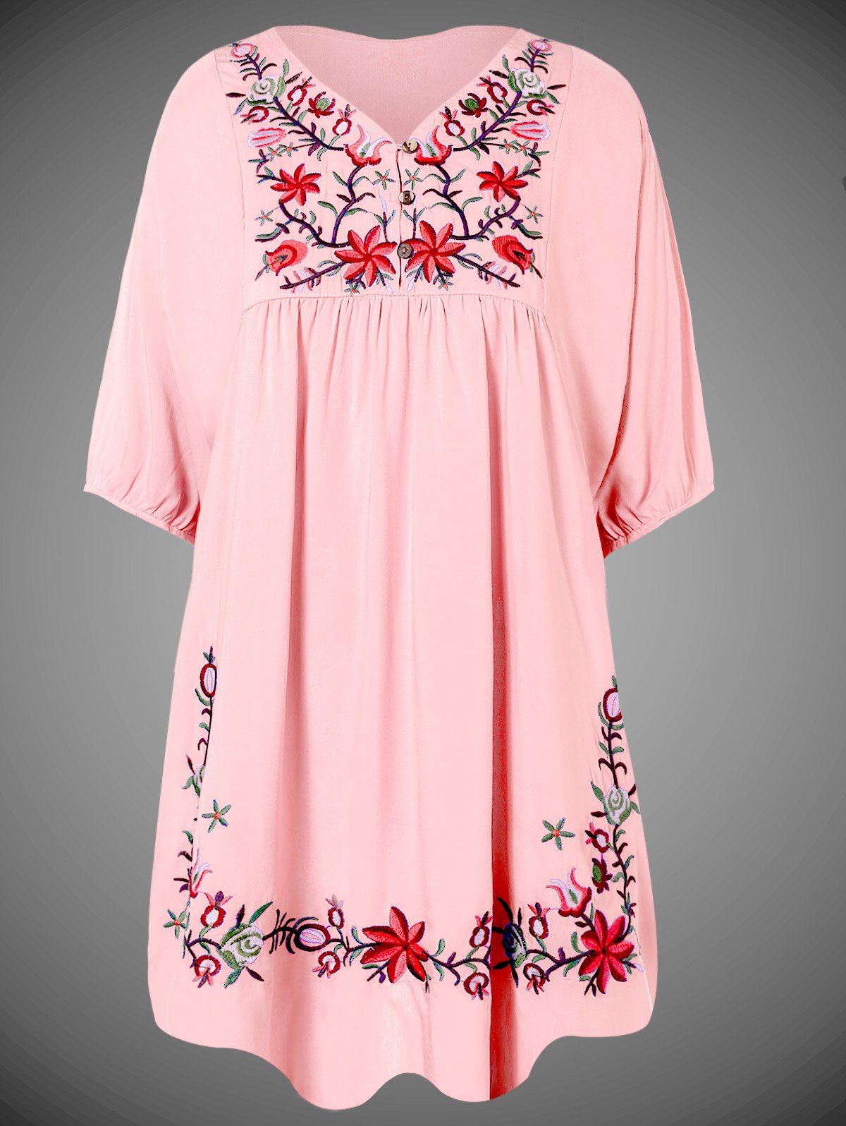 

Plus Size Embroidered Bib Tunic Dress, Pink