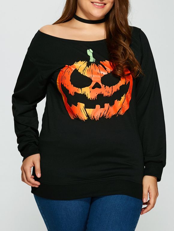 Sweat-shirt imprimé de citrouille d'Halloween à col rond - Noir XL