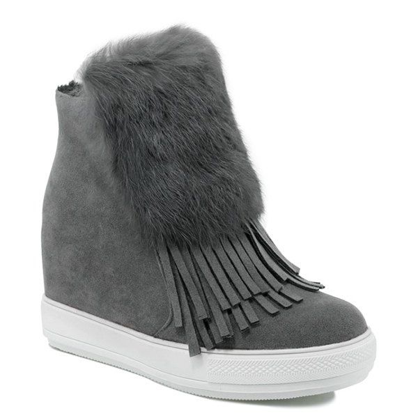 

Fringe Faux Fur Hidden Wedge Boots, Gray