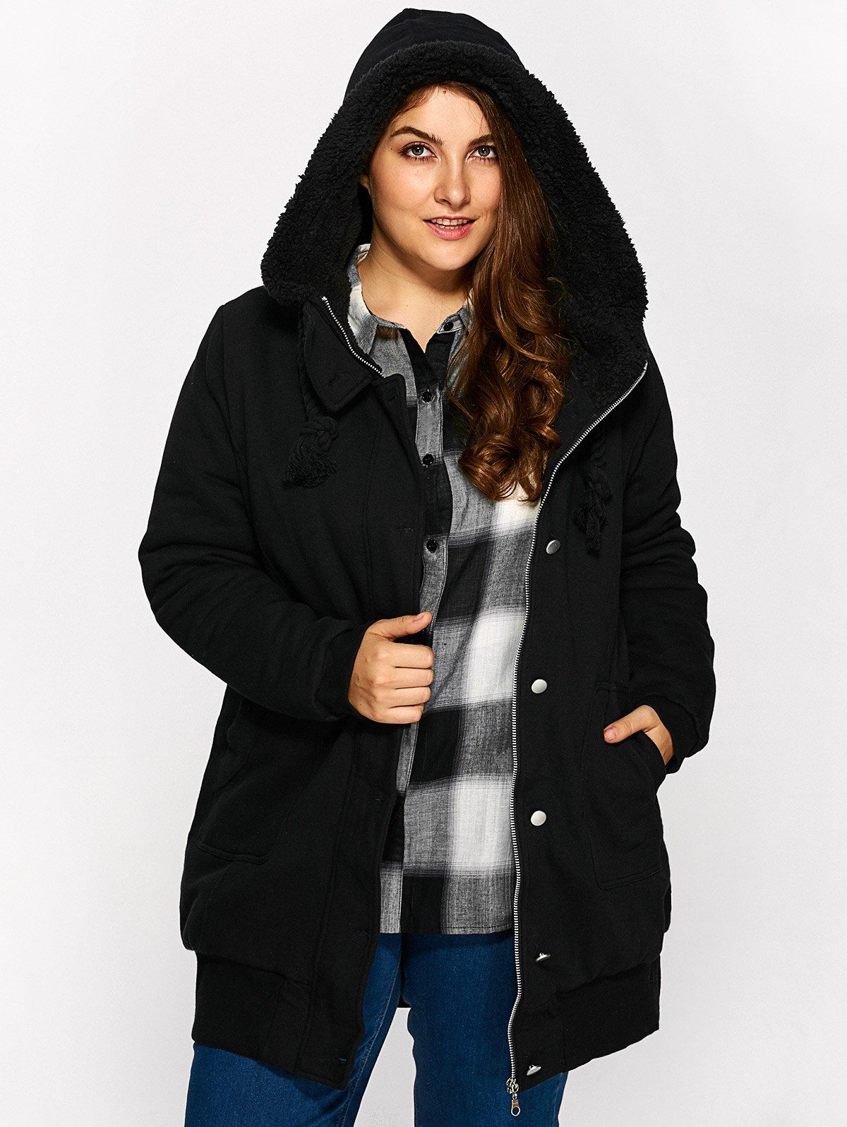 

Buttoned Pockets Design Fleece Hooded Coat, Black