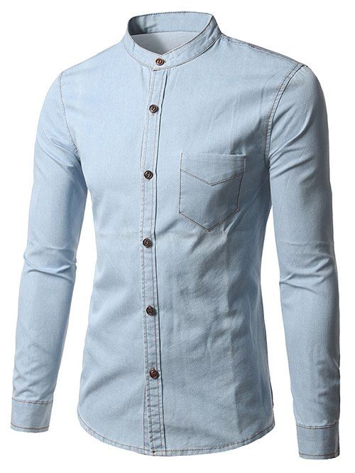 

Grandad Collar Long Sleeve Denim Pocket Shirt, Light blue