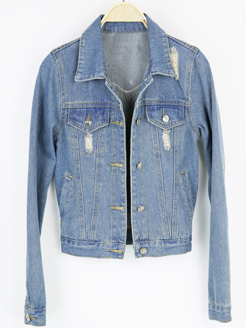 [41 OFF] 2022 Light Wash Ripped Denim Jacket In LIGHT BLUE DressLily