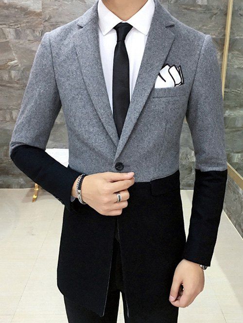 

Lapel Single Breasted Color Block Back Slit Coat, Light gray