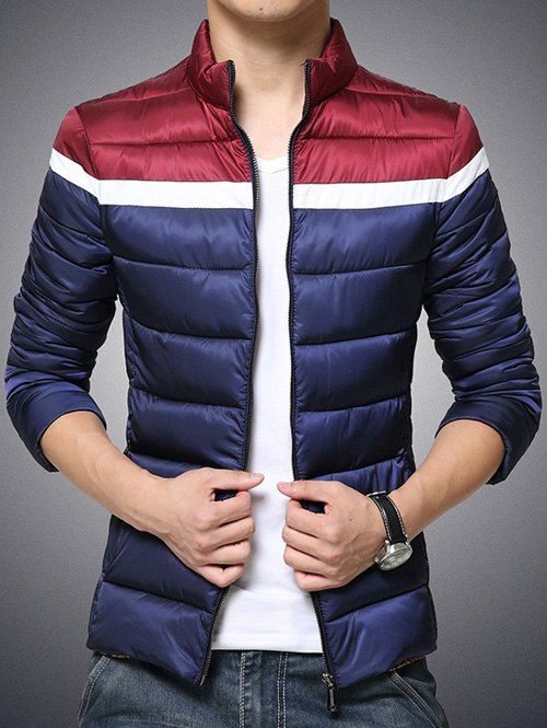 

Color Block Funnel Neck Zip Up Padded Jacket, Cadetblue