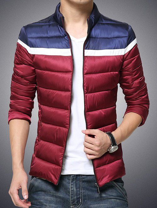 

Color Block Funnel Neck Zip Up Padded Jacket, Red
