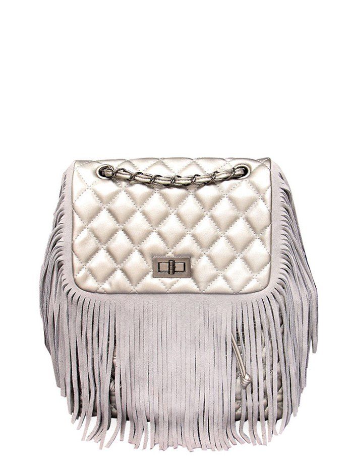 

PU Leather Fringe Quilted Backpack, Silver gray