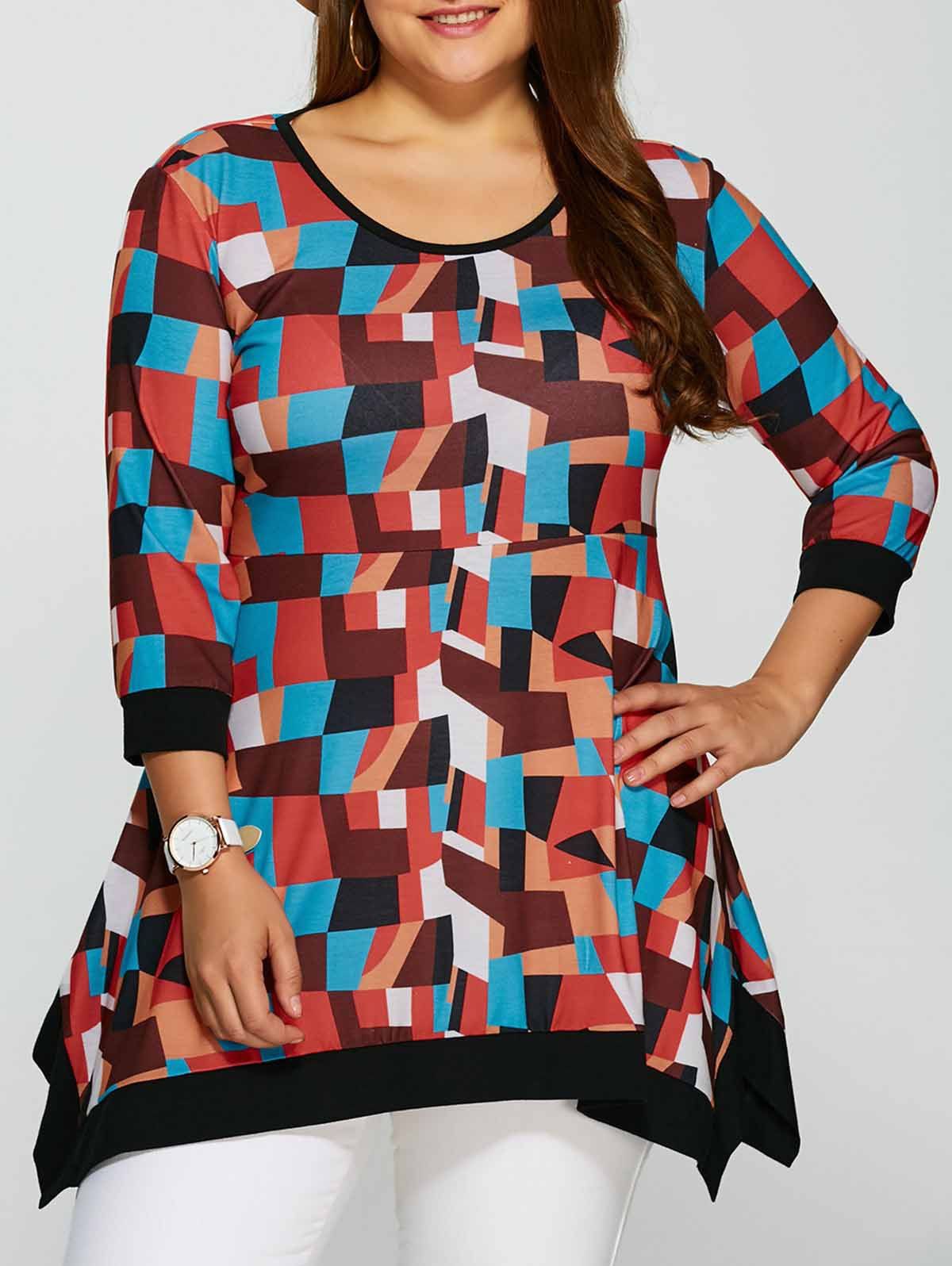 [41% OFF] 2021 Plus Size Geometric Print Contrast Trim Tee In COLORMIX ...