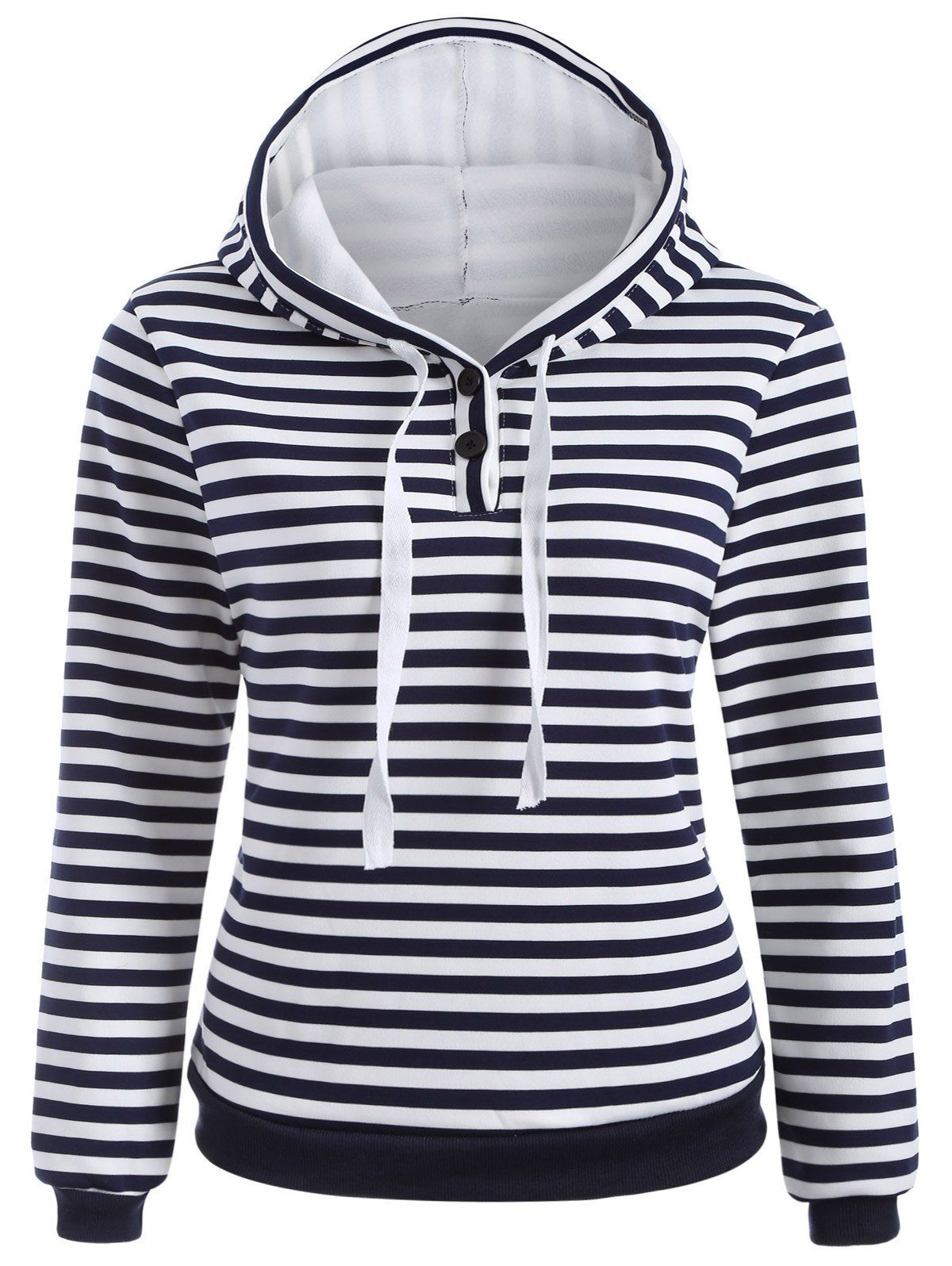 

Striped Button Embellished Flocking Hoodie, Purplish blue