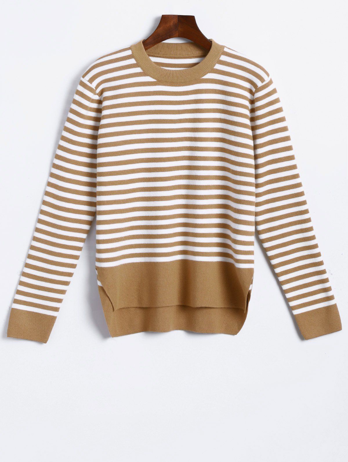 

Crew Neck Striped High Low Pullover Sweater, Khaki