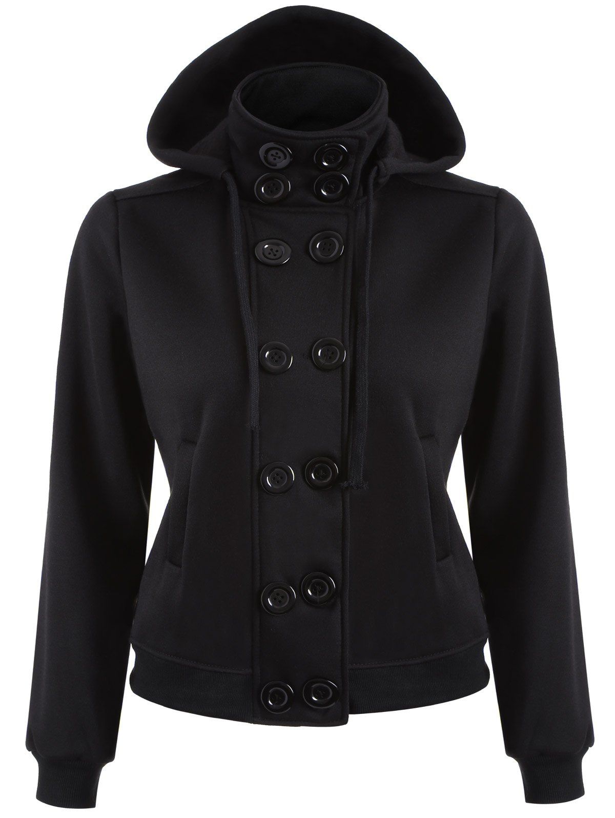 

Double Breasted High Collar Hoodie Jacket, Black