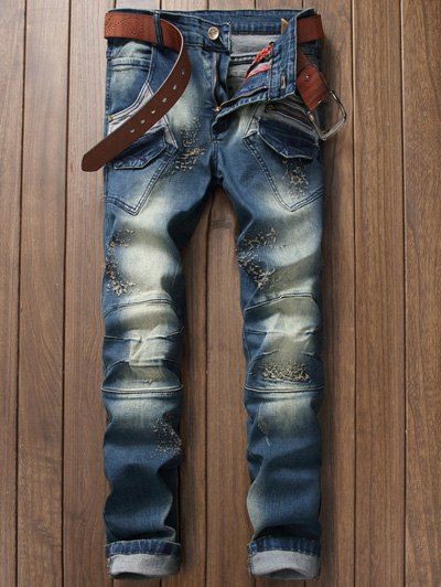 Pantalon de jeans lâche à effet déchiré et vieilli zippé avec poches - Bleu 30