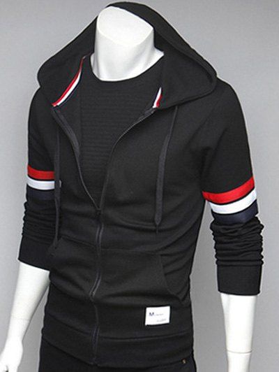Veste à capuche zippée avec poches sur le devant à manches rayées - Noir 2XL