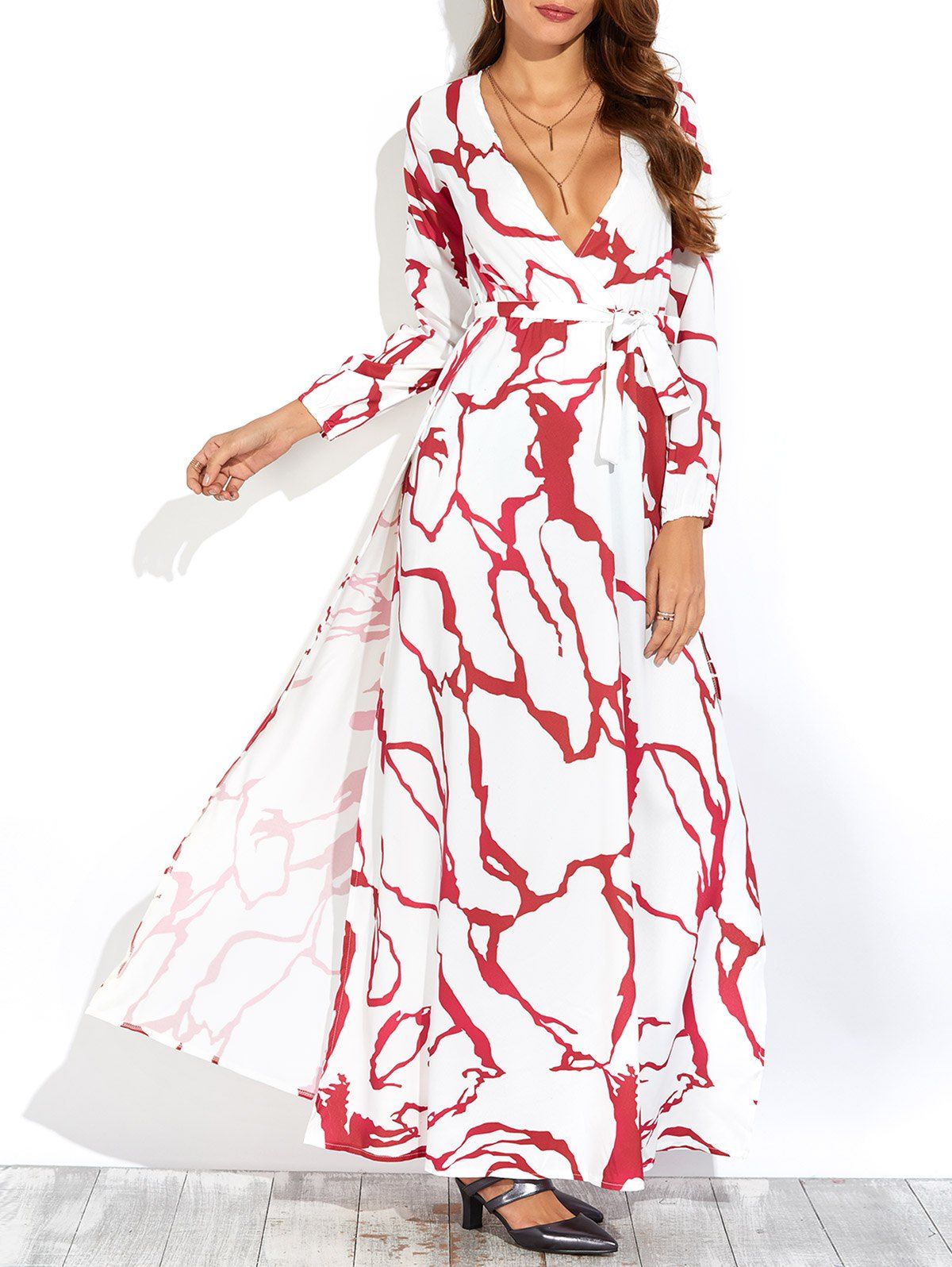 

Printed Long Sleeve Slit Casual Maxi Dress, White