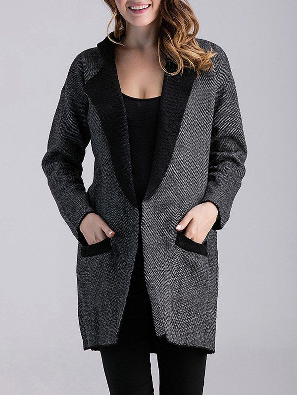 

Color Block Knitted Cardigan with Pockets, Deep gray