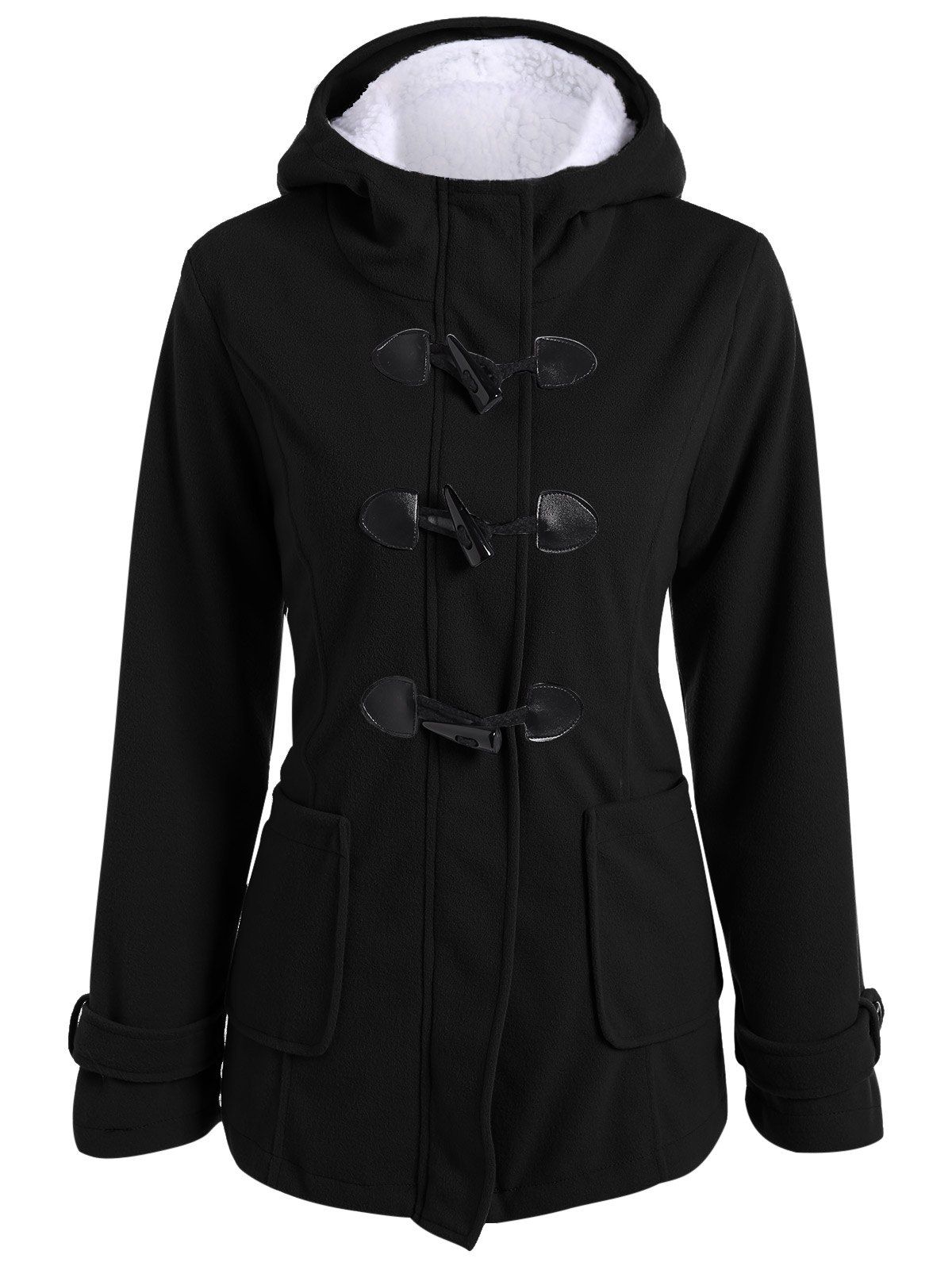 [36% OFF] 2021 Zip Up Fleece Hooded Duffle Coat In BLACK | DressLily