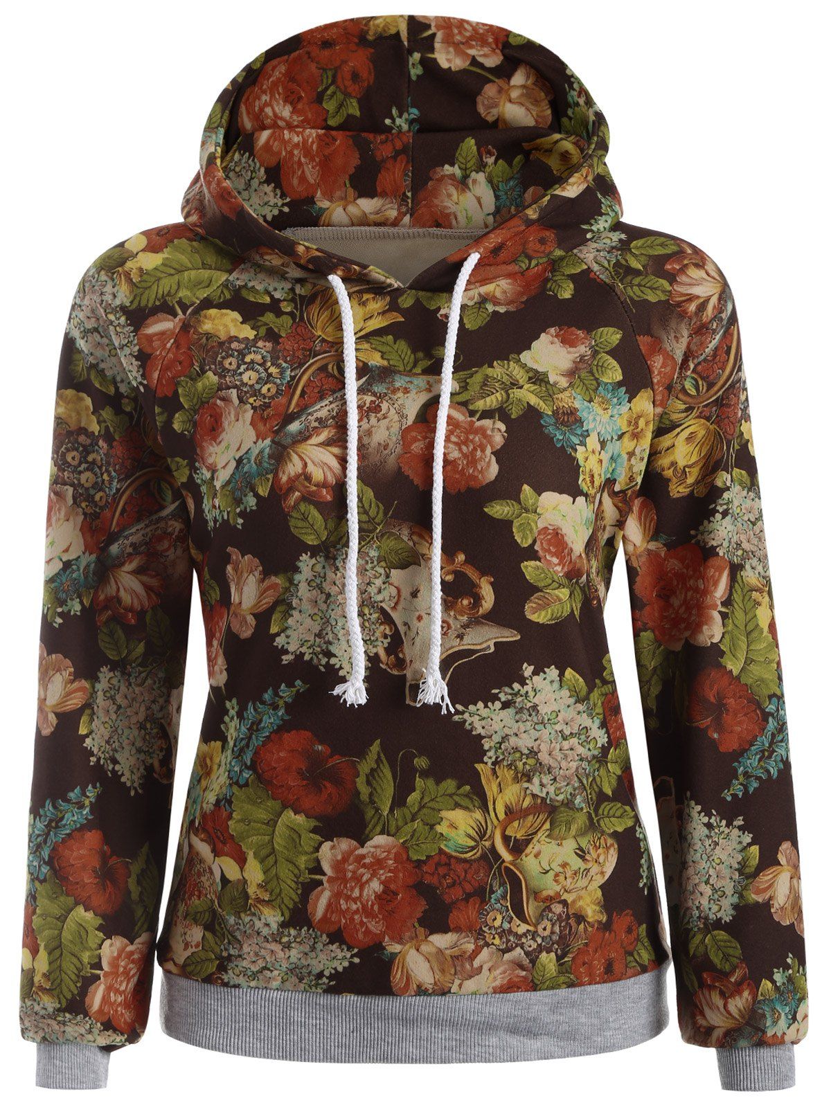

Drawstring Ornate Floral Print Hoodie, Coffee
