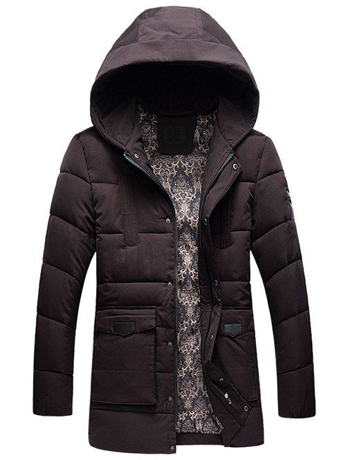 

Flap Pocket PU Patch Hooded Padded Coat, Purplish red