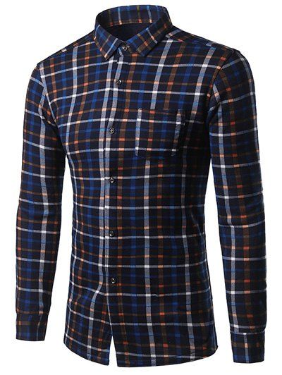 

Thicken Turndown Collar Color Block Plaid Print Shirt, Deep blue