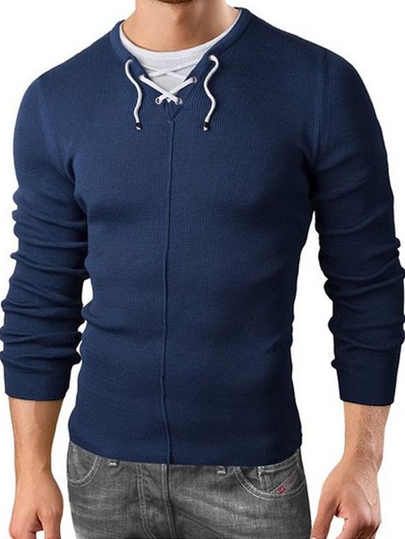 Pull tricoté faux en deux pièces avec cordon de serrage - Bleu profond XL