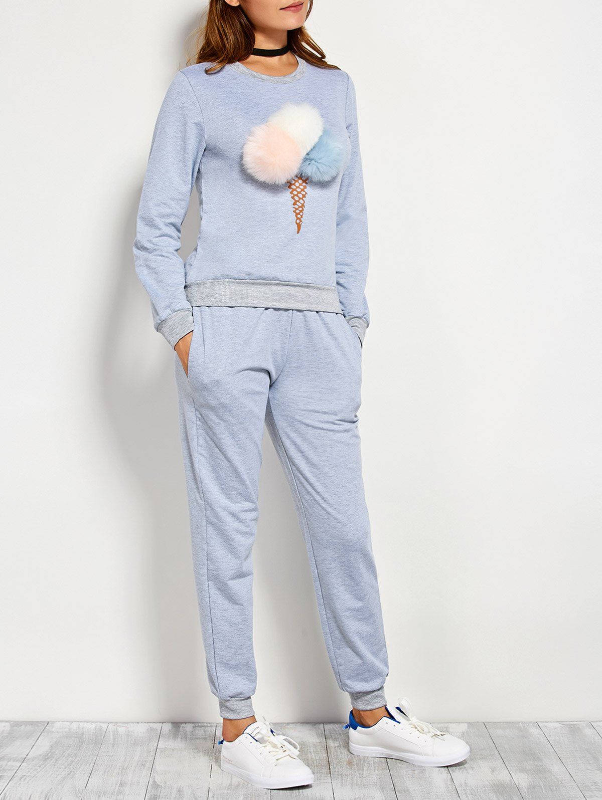 

Pompons Pullover Sweatshirt and Running Jogger Pants, Blue gray